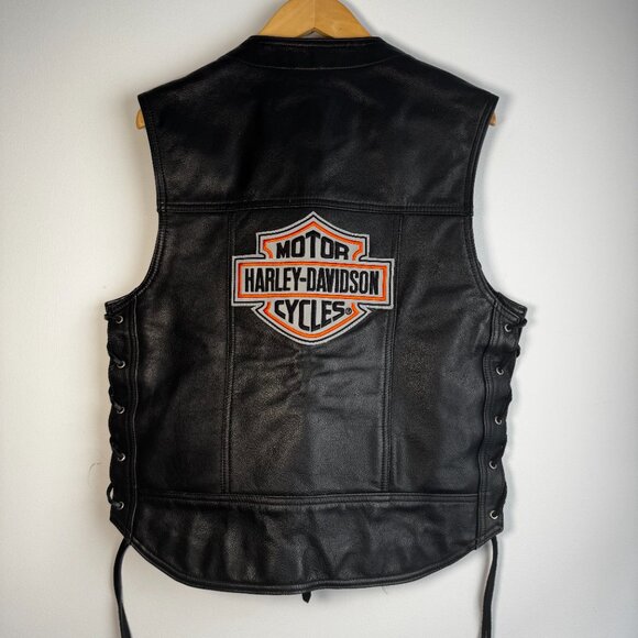 Harley-Davidson Men's Genuine Leather Black Biker Leather VTG Conghos Vest - M - Picture 9 of 10